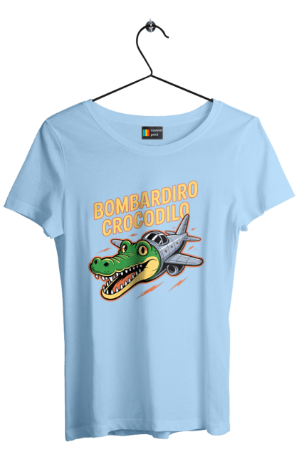 Футболка жіноча з принтом "Bombardino Crocodilo". Bombardino, bombardino crocodilo, crocodilo, бомбардиро крокодило, бомбардіно крокоділо, крокодил, крокодил літак, крокодил мем, мем бомбардине крокодило, меми. 2070702