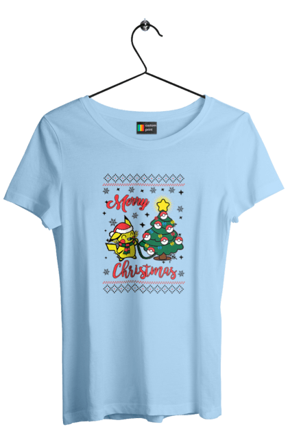 Women`s t-shirt with prints Pikachu Merry Christmas!. Anime, christmas, game, manga, merry christmas, nintendo, pikachu, pokemon. 2070702