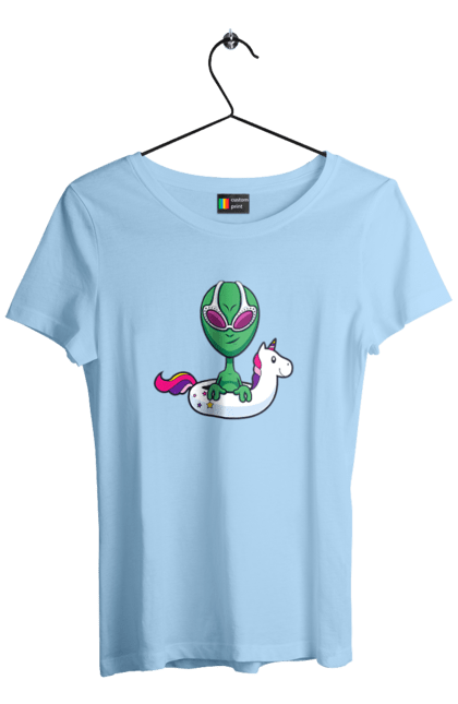 Women`s t-shirt with prints Alien Floats In A Circle. Alien, inflatable circle, to swim. 2070702