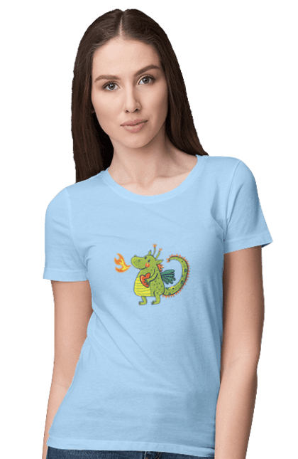 Women's t-shirt with prints Dragon in love. Dragon, fire, green dragon, heart, hearts, love, new year, symbol 2024. 2070702