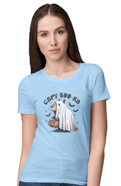 Women's t-shirt with prints Capybara Halloween. Animal, capybara, ghost, halloween, holiday, moon, pumpkin, rodent. 2070702