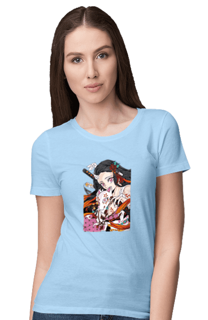 Women`s t-shirt with prints Demon Slayer Nezuko. Anime, demon slayer, kimetsu no yaiba, manga, nezuko, serial. 2070702