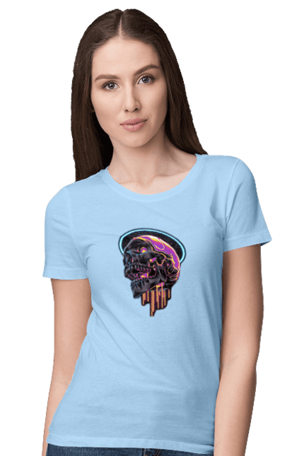 Women's t-shirt with prints Skull. Black and white, bones, neon, scull, teeth. 2070702