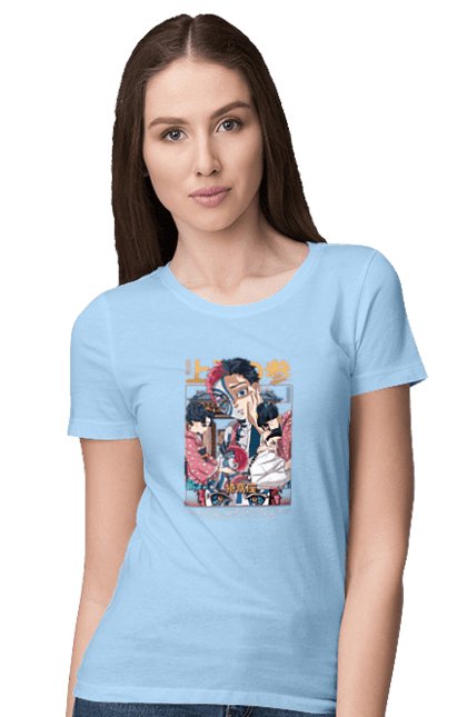 Women's t-shirt with prints Demon Slayer Akaza. Akaza, anime, demon slayer, kimetsu no yaiba, manga, nezuko, serial. 2070702