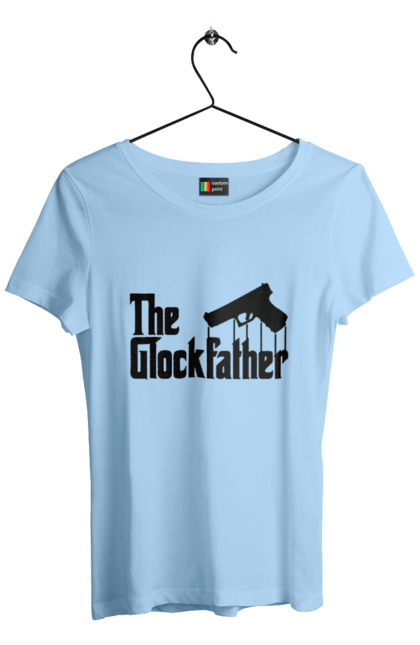 Футболка жіноча з принтом "The GlockFather". Gangster, glockfather, godfather, godfather reference, вогнепальна зброя, гангстер, глок, зброя, пістолет, пістолет. 2070702