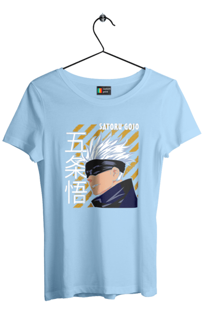 Women's t-shirt with prints Jujutsu Kaisen Gojo. Anime, dark fantasy, gojo, jujutsu kaisen, magic battle, manga, mystic. 2070702