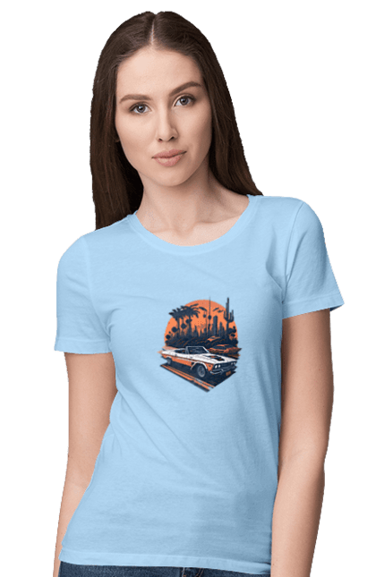 Women`s t-shirt with prints Beautiful car at sunset. Auto, sun, sunset. 2070702