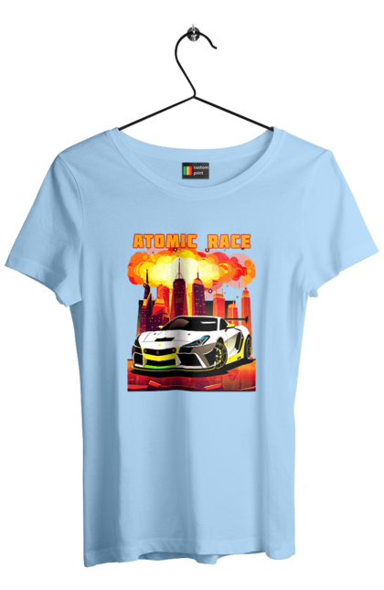 Футболка жіноча з принтом "Атомна гонка". Авто, автомобіль, атомні перегони, гонки, гоночні машини, спортивна машина, спорткар. 2070702