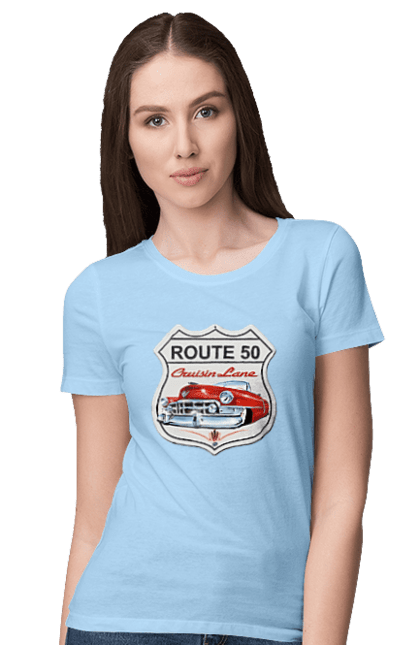 Women`s t-shirt with prints Route 50. Bike, biker, biker club, bikers club, brother, brutal, dude, hot asphalt, hot horse, hot rod, motorcycle, motorcyclist, real man, road 50, road 66, road 80, roads of america, roads of ukraine, roads we choose, speed, take, thirst for speed. 2070702