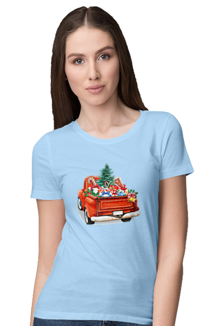 Women`s t-shirt with prints Car with gifts. Car, christmas, new year, presents, santa, tree. 2070702