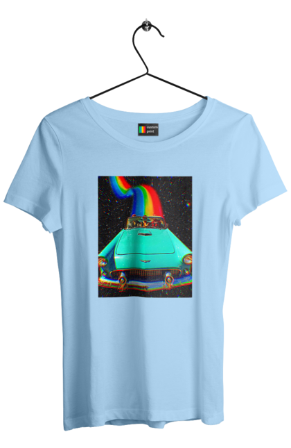Футболка жіноча з принтом "Картина, машина у космосі". Веселка, картина, космос, машина, подорожі, поїздка, прикол, ретро. 2070702