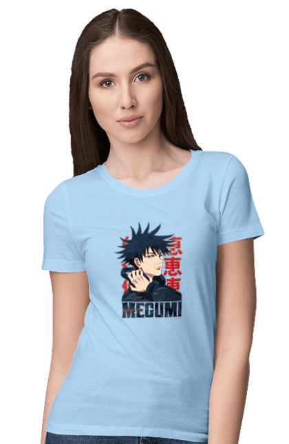 Women's t-shirt with prints Jujutsu Kaisen Megumi. Anime, dark fantasy, fushiguro, fushiguro megumi, jujutsu kaisen, magic battle, manga, megumi, mystic. 2070702