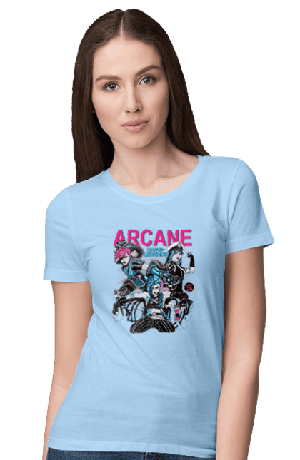 Women`s t-shirt with prints Arcane. Animated series, arcane, fantasy, fortiche, jinx, league of legends, riot games, wai. 2070702