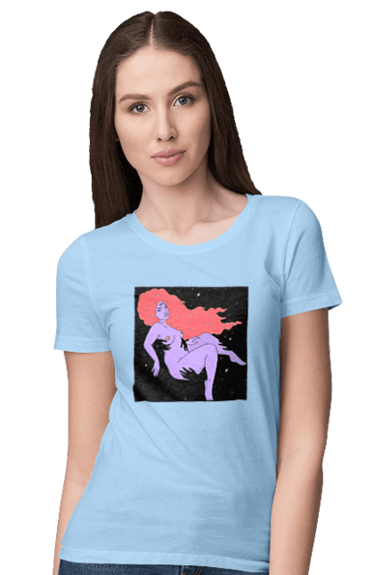 Футболка жіноча з принтом "Фіолетова Дівчина В Чорній Дирі". Дівчина, лапають. 2070702
