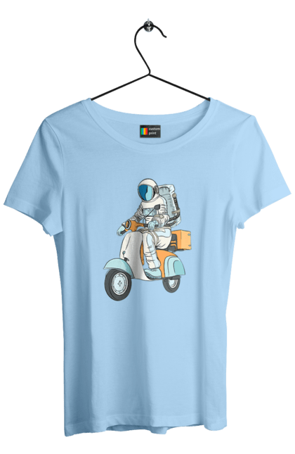 Футболка жіноча з принтом "Космонавт на мотоциклі". Космонавт, космос, мотоцикл. 2070702