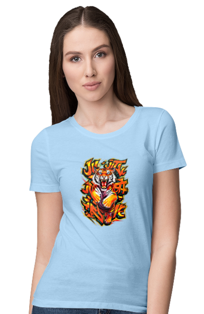 Women's t-shirt with prints Jujutsu. Animal, japan, jiu jitsu, jujutsu, martial arts, ninja, samurai, sport, tiger. 2070702