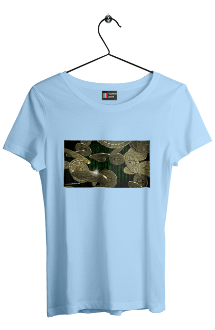 Футболка жіноча з принтом "Біткойн". Багатство, біткойн, валюта, гроші, криптовалюта, курс, майнінг, матриця, монета, розкіш, цифровий світ. 2070702