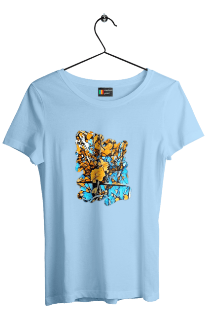 Women`s t-shirt with prints Yellow flowers on a blue background. Art, blue and yellow, blue yellow, drawing, flowers, nature, yellow and blue, yellow blue, yellow flowers. 2070702