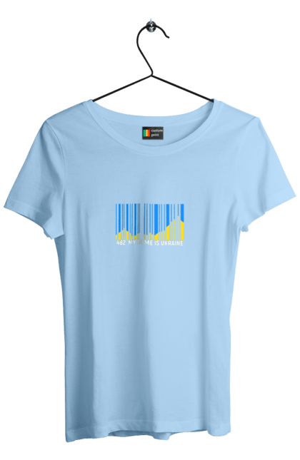 Women`s t-shirt with prints My home is Ukraine. Bar code, blue sky, home, mountains, my country, my house, state mark, ukraine. 2070702