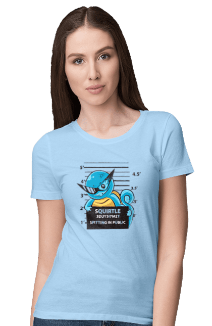 Women's t-shirt with prints Pokemon Squirtle Mugshot. Anime, games, mugshot, nintendo, pokemon, pokemon go, squirtle. 2070702