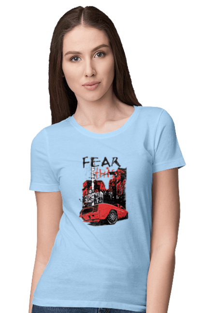 Women`s t-shirt with prints Red Car In The City. Riding, town. 2070702