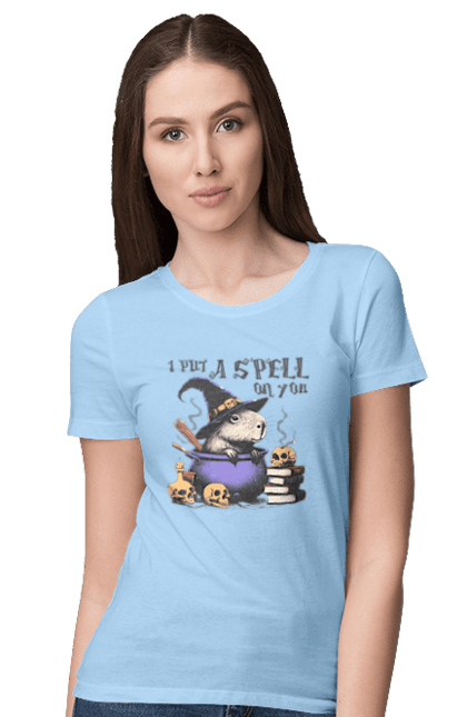 Women's t-shirt with prints Capybara Halloween. Animal, capybara, ghost, halloween, holiday, moon, pumpkin, rodent, witch. 2070702