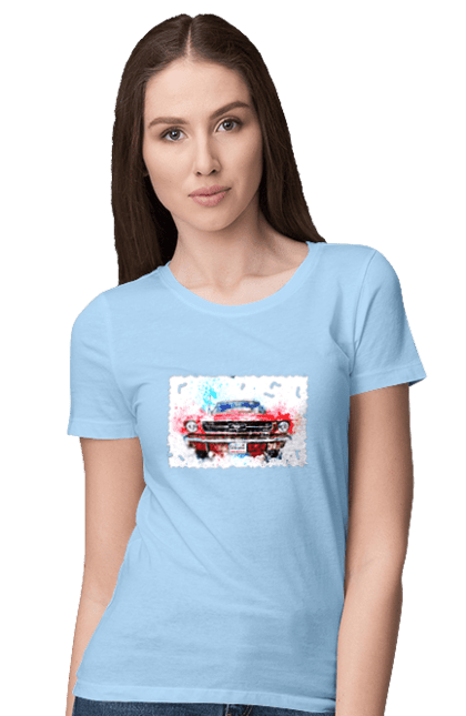 Women`s t-shirt with prints Mustang car. Car, donations, help, horse, mustang, mustang car, paypal, road, ukraine, wheel. 2070702