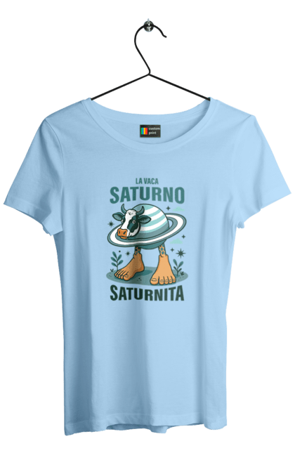 Футболка жіноча з принтом "Lavaca Saturno Saturnita". Брейнрот, італійська гнилизна мозку, італійський брейнрот, італійський мем, італійські меми, корова сатурн, ла вака, ла вака сатурно, лавака сатурно, сатурно сатурніто. 2070702