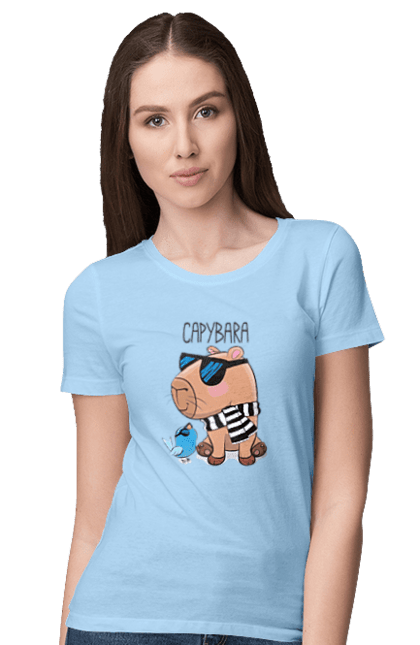 Women`s t-shirt with prints Stylish Capybara. Animal, bird, capybara, fashionable capybara, glasses, mood, striped scarf, stylish capybara, sunglasses. 2070702