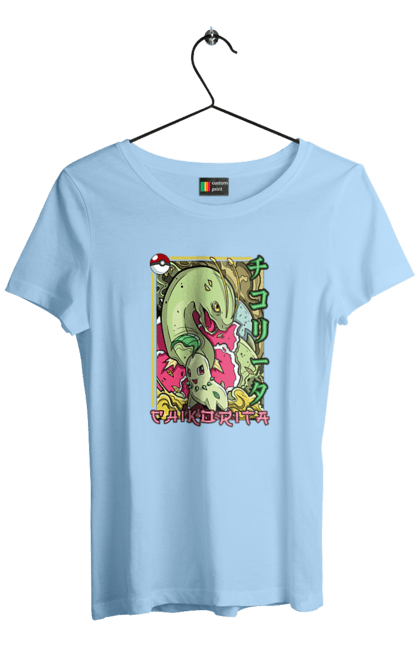 Women's t-shirt with prints Pokemon Chikorita. Anime, chikorita, games, nintendo, pokemon, pokemon go. 2070702