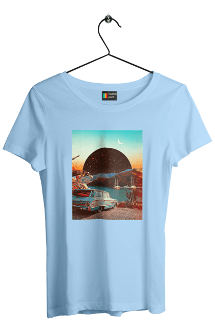 Футболка женская с принтом Картина, машина у речки. Картина, машина, планета, прикол, река, ретро. 2070702