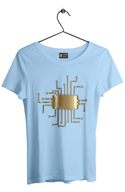 Футболка жіноча з принтом "Золотий Чіп". Айті, айтішник, гик, золотий, золото, інженер, кібернетика, код, комп, комп’ютерник, кристал, мікросхема, програміст, професія, розробник, чіп. 2070702