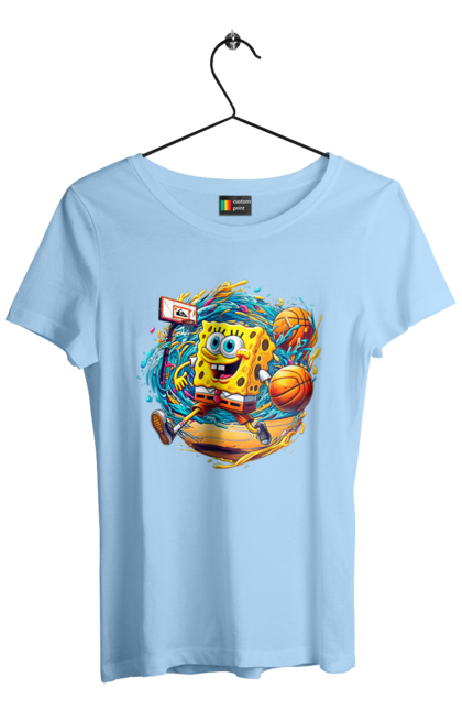 Women's t-shirt with prints SpongeBob. Animated series, ball, basketball, cartoon, spongebob, spongebob squarepants, sport. 2070702