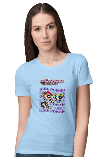 Women's t-shirt with prints Powerpuff Girls. Animated series, blossom, bubbles, buttercup, cartoon network, cool girls, heart, powerpuff girls. 2070702