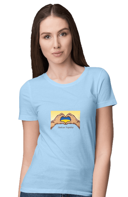 Women`s t-shirt with prints I love Ukraine. Blue, flag, hands, heart, i love ukraine, ukraine, yellow. 2070702