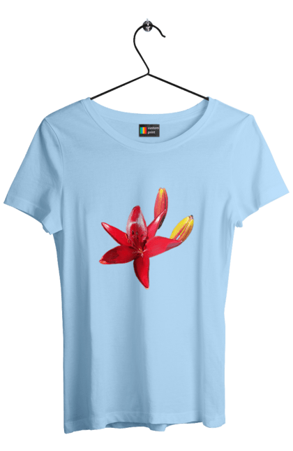 Women`s t-shirt with prints Red lily. Bright, bud, buds, color, flower, lily, nature, red, red flower, red lily, sunny. 2070702