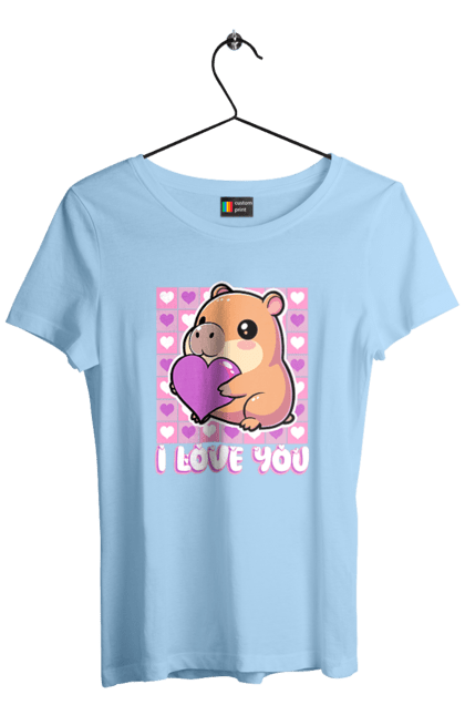 Women`s t-shirt with prints Capybara in love. Capybara, cute animals, hearts, i love you, love, romance, romantic gift, valentine, valentine`s day. 2070702