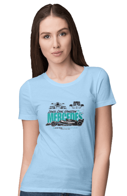 Women's t-shirt with prints Mercedes AMG Petronas F1 Team. Amg petronas, bolide, f1 team, formula 1, mercedes, motorsport, race, racing car, sport. 2070702