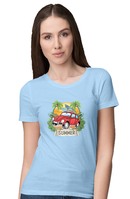Women`s t-shirt with prints Summer, Car And Palm Trees. Palm trees, relaxation, summer. 2070702