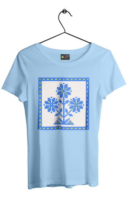 Women`s t-shirt with prints Yellow blue embroidery flowers. Cross stitch, embroidery, flowers, symbol of ukraine, traditions of ukraine, ukraine. 2070702