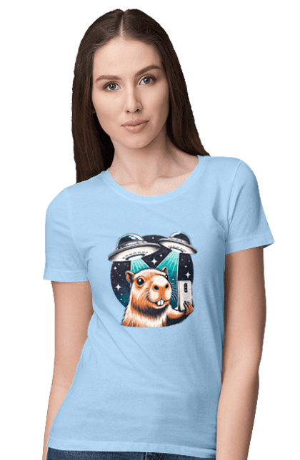 Women's t-shirt with prints Capybara. Aliens, animal, capybara, rodent, space, ufo. 2070702