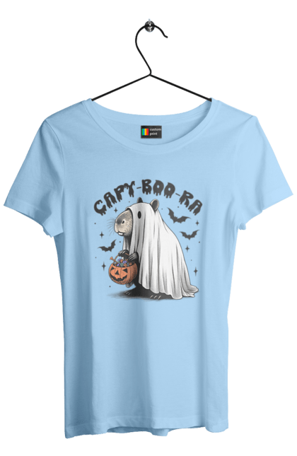 Women's t-shirt with prints Capybara Halloween. Animal, capybara, ghost, halloween, holiday, moon, pumpkin, rodent. 2070702