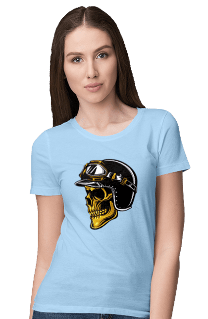 Футболка жіноча з принтом "Череп в мотошоломі". Крутий, очі, череп, шолом. 2070702