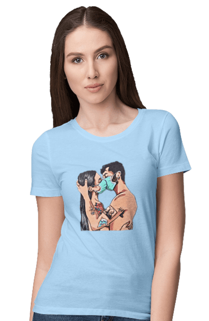 Women`s t-shirt with prints Coronavirus Love. Coronavirus, kiss, love, mask, quarantine. 2070702