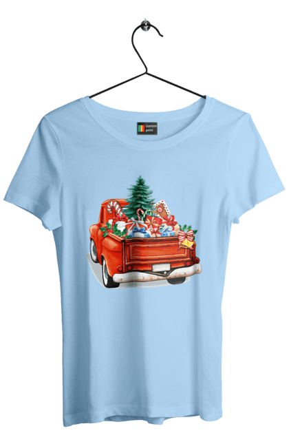 Women`s t-shirt with prints Car with gifts. Car, christmas, new year, presents, santa, tree. 2070702