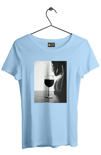 Футболка жіноча з принтом "Келих вина". Вино у келиху, грація, знову п`ятниця, очікування, тіло жінки, форми жіночого тіла. 2070702
