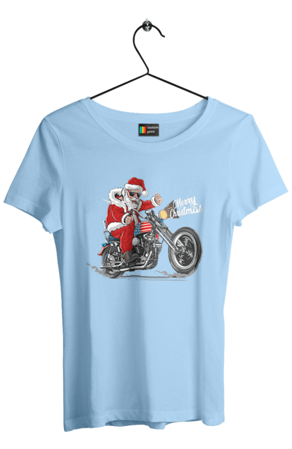 Футболка жіноча з принтом "Санта в окулярах на мотоциклі". Байкер, дід мороз, зима, мотоцикл, новий рік, різдво, санта, санта клаус, сніг, щасливого різдва. 2070702