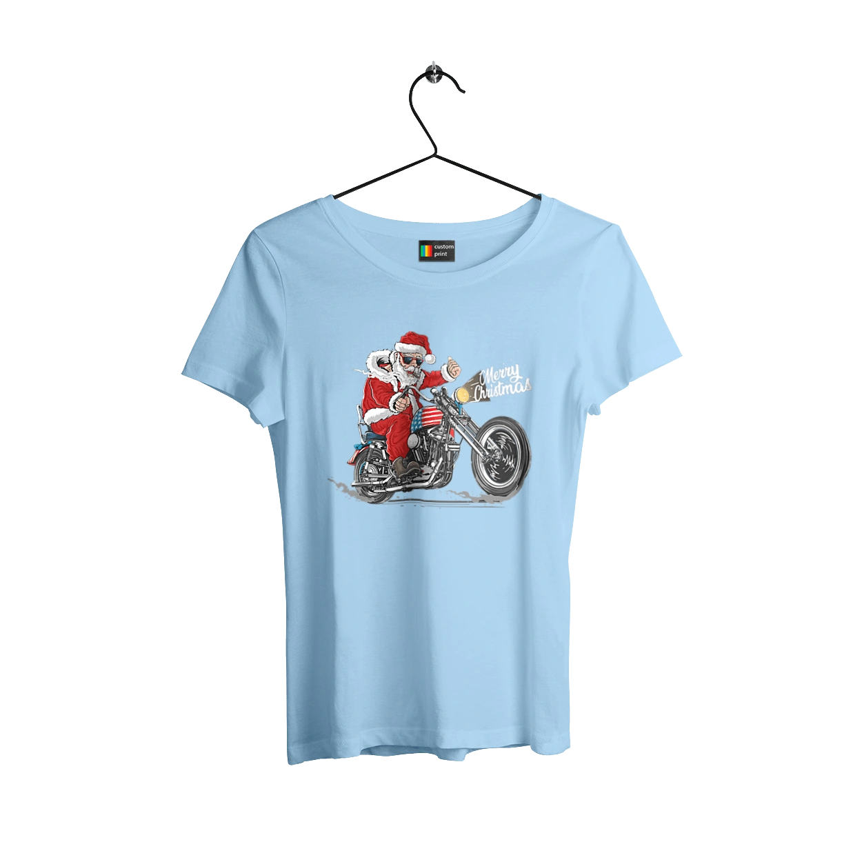 Santa in glasses on a motorcycle
