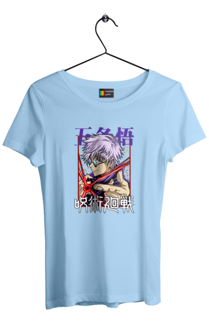Women`s t-shirt with prints Jujutsu Kaisen Gojo. Anime, dark fantasy, gojo, jujutsu kaisen, magic battle, manga, mystic. 2070702