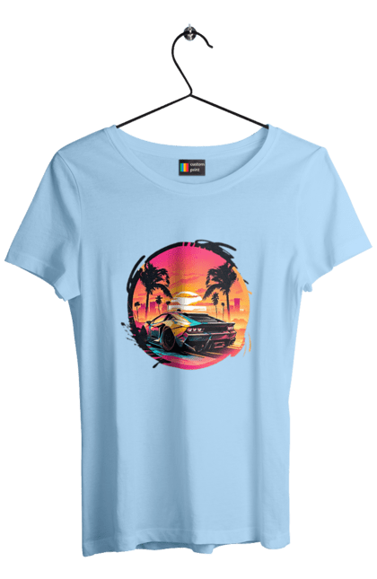 Футболка жіноча з принтом "Ламборджині Ретровейв". Авто, автомобиль, ламба, ламборджині, машина, машини, ретровейв. 2070702